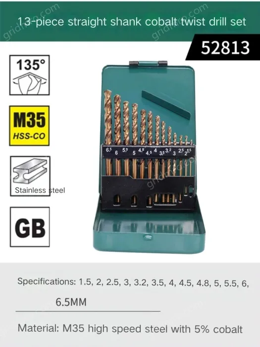 Set of 13 straight shanks containing cobalt twist drills